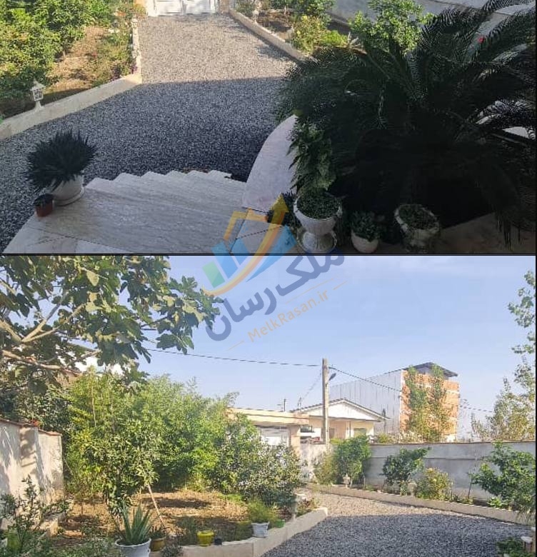 ویلا باغ نیم‌پیلوت نما سنگی در جاده آمل به سرخرود با ۵۰۰ متر زمین و ۱۷۰ متر بنا، سه خواب مستر و فاصله ۱۰ دقیقه‌ای تا دریا نمای حیاط